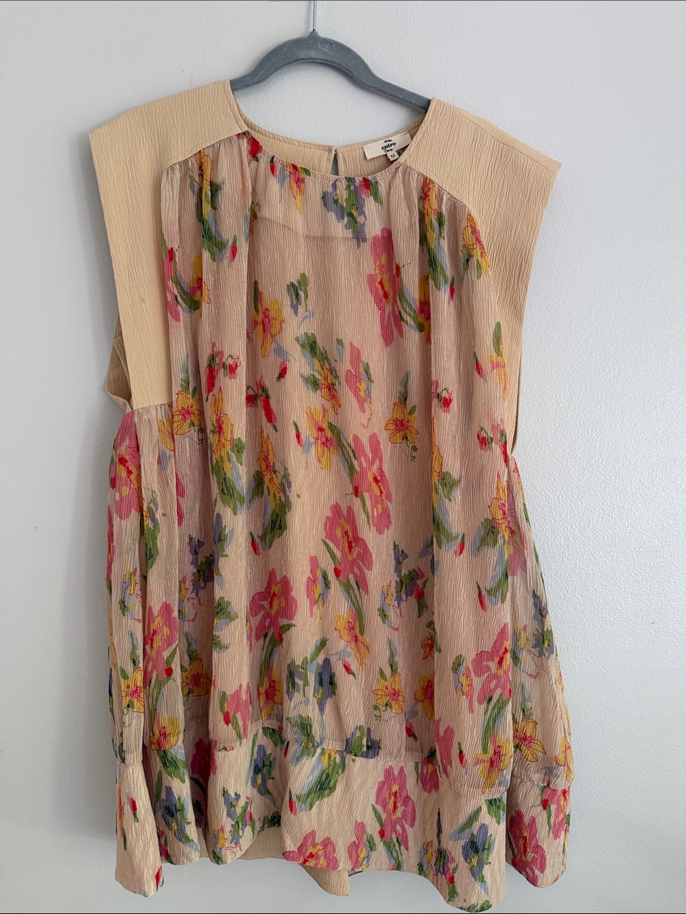 entro Floral Chiffon Overlay Sleeveless Top - Beige Pink Green